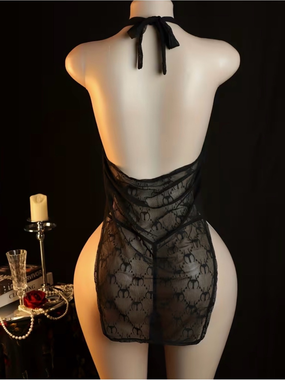 NWT Black Sheer Mesh Lace-Up Halter Babydoll Set - Picture 2 of 3